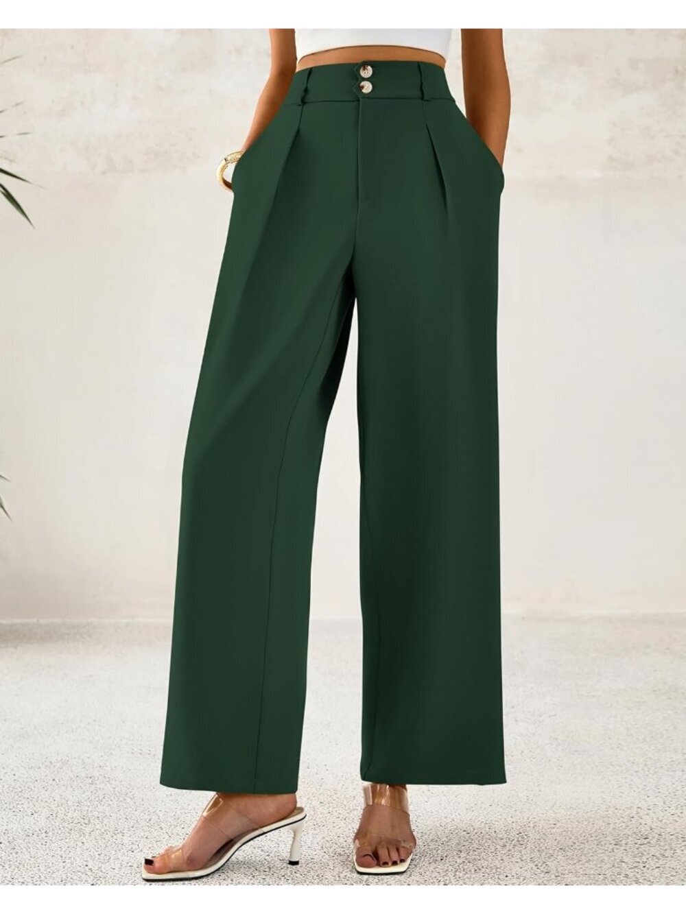 Women's Dark Green High Waisted Button Pleated Business Casual Wide Leg Pants - Picture 4 of 6